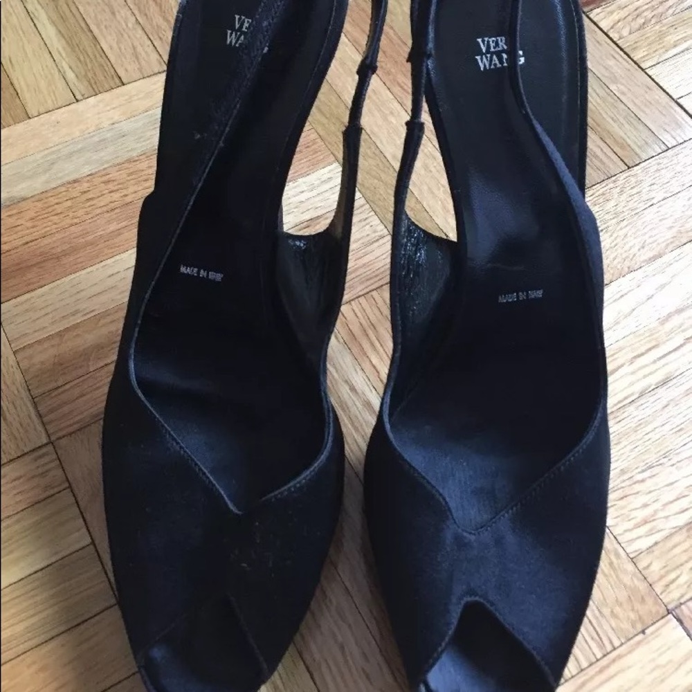 VERA WANT SATIN BLACK PEEP TOE SANDALS SIZE 37
